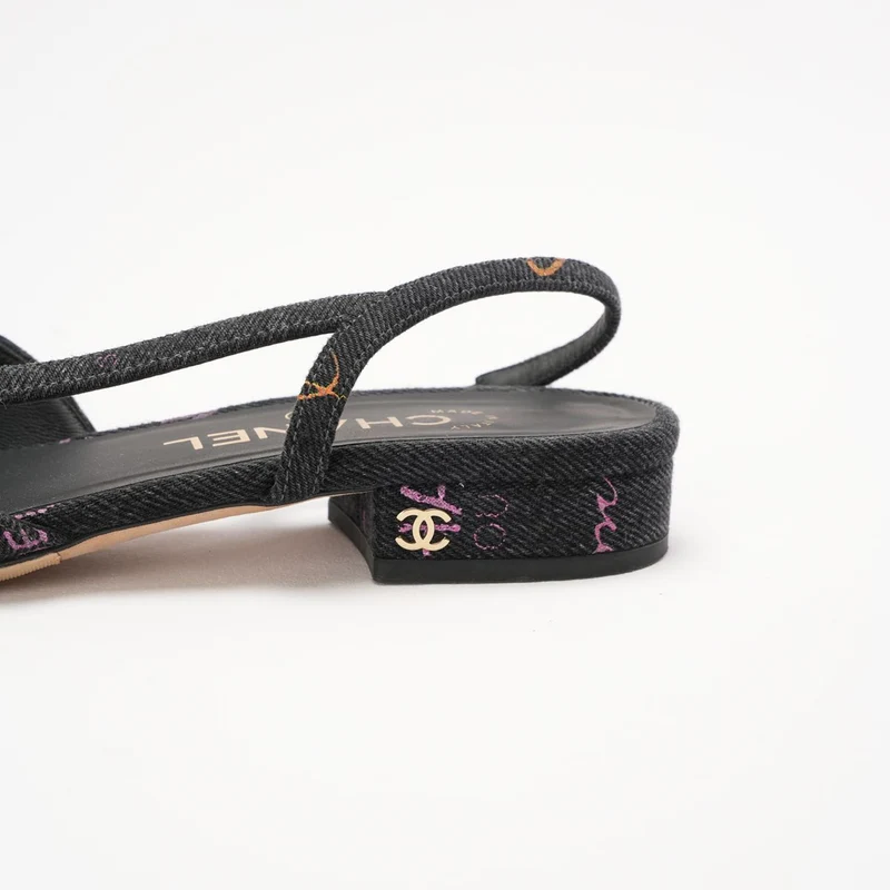 Chanel Black Denim Slingback Mademoiselle Coco Flat Größe 38