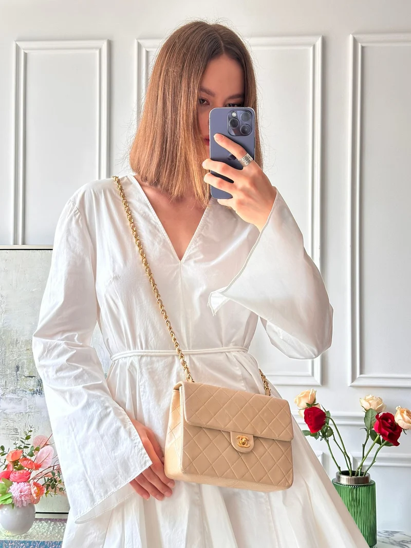 Chanel Vintage Mini Square Flap Bag, Lammbeige, 1991
