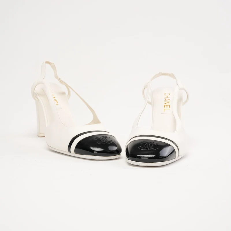 Chanel Slingback-Pumps aus weißem und schwarzem Leder, Größe 38