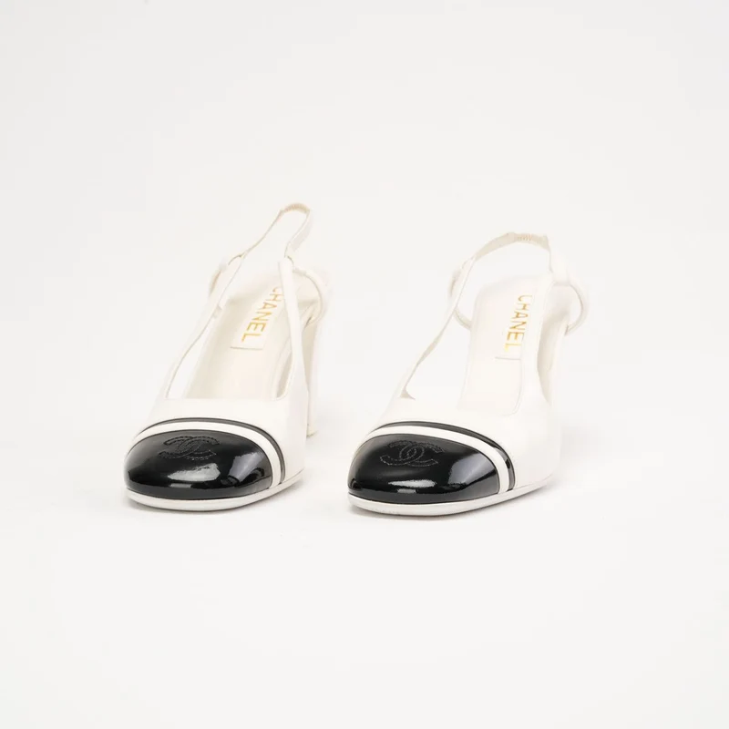 Chanel Slingback-Pumps aus weißem und schwarzem Leder, Größe 38