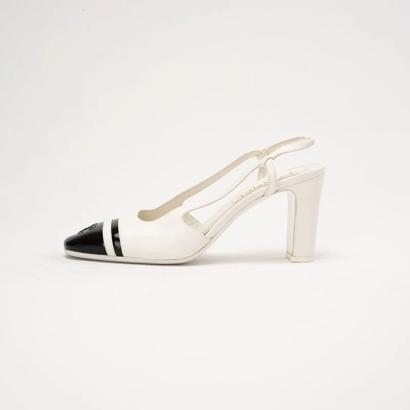 Chanel Slingback-Pumps aus weißem und schwarzem Leder, Größe 38