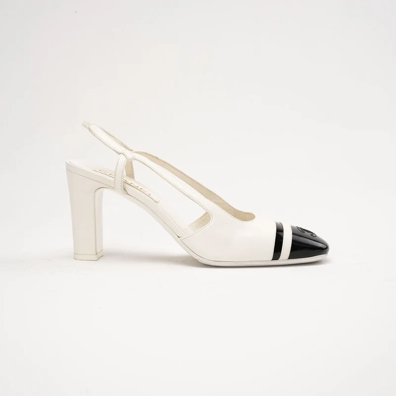Chanel Slingback-Pumps aus weißem und schwarzem Leder, Größe 38