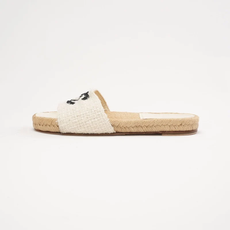 Chanel Tweed Grosgrain CC Mule Slides in Elfenbein und Schwarz 38