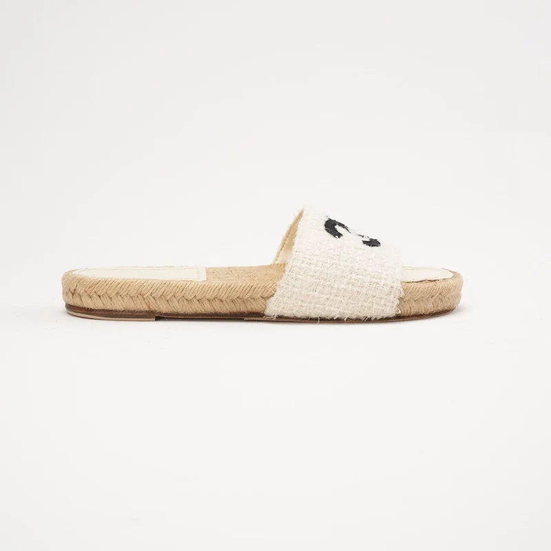 Chanel Tweed Grosgrain CC Mule Slides in Elfenbein und Schwarz 38
