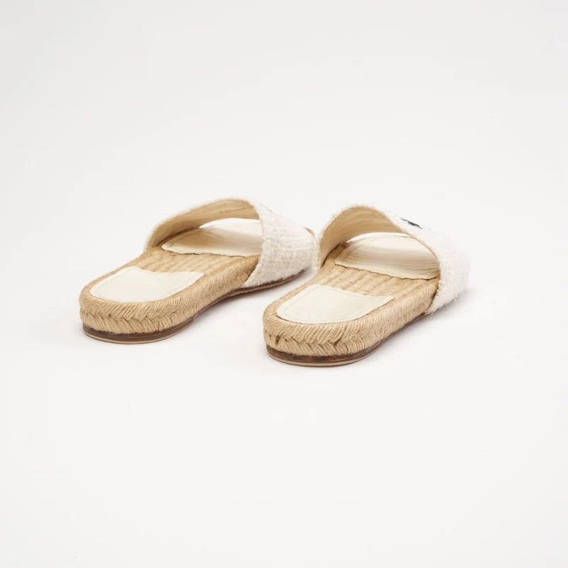Chanel Tweed Grosgrain CC Mule Slides in Elfenbein und Schwarz 38