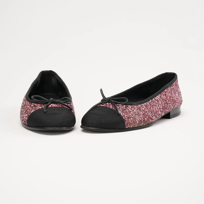 Glitzernde Tweed-Pailletten-Ballerinas mit Ripsbandkappe, Pimk 38