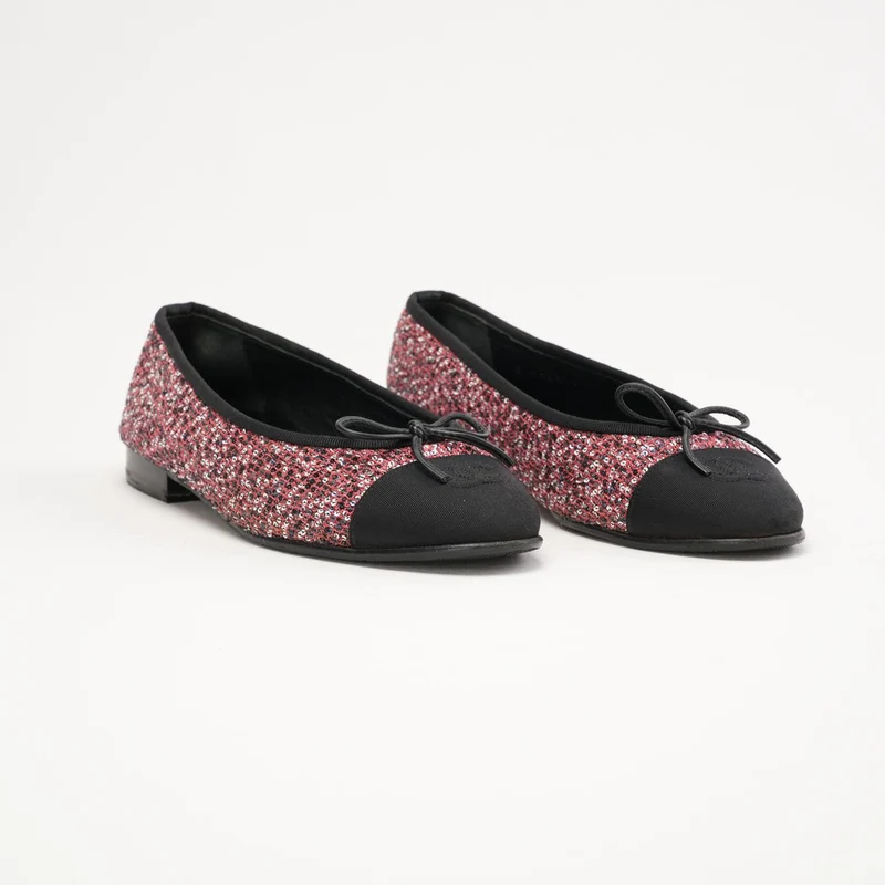 Glitzernde Tweed-Pailletten-Ballerinas mit Ripsbandkappe, Pimk 38