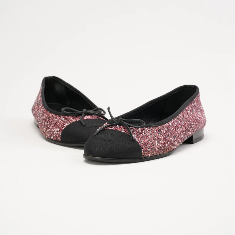 Glitzernde Tweed-Pailletten-Ballerinas mit Ripsbandkappe, Pimk 38