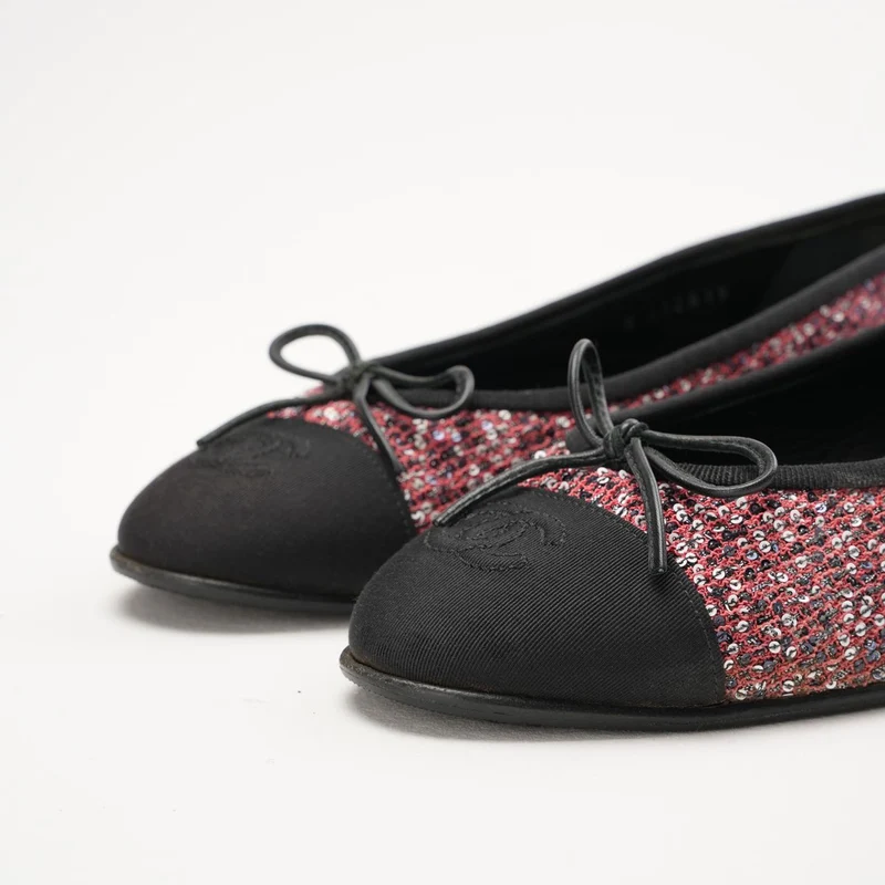 Glitzernde Tweed-Pailletten-Ballerinas mit Ripsbandkappe, Pimk 38