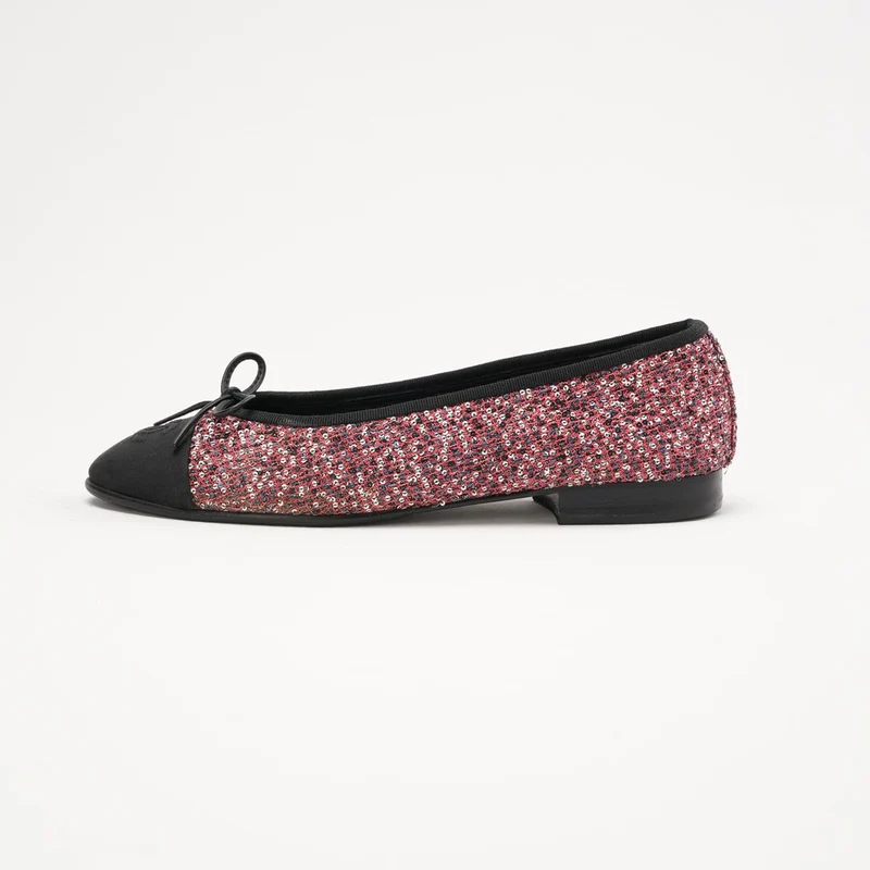 Glitzernde Tweed-Pailletten-Ballerinas mit Ripsbandkappe, Pimk 38