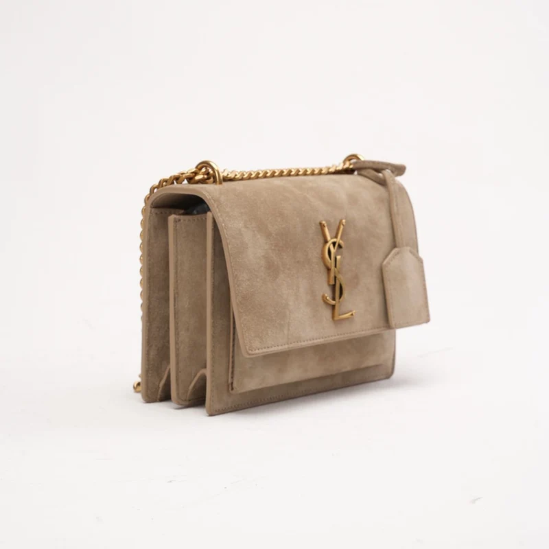 Saint Laurent Wildledertasche „Sunset“, klein, dunkelbeige, 2023