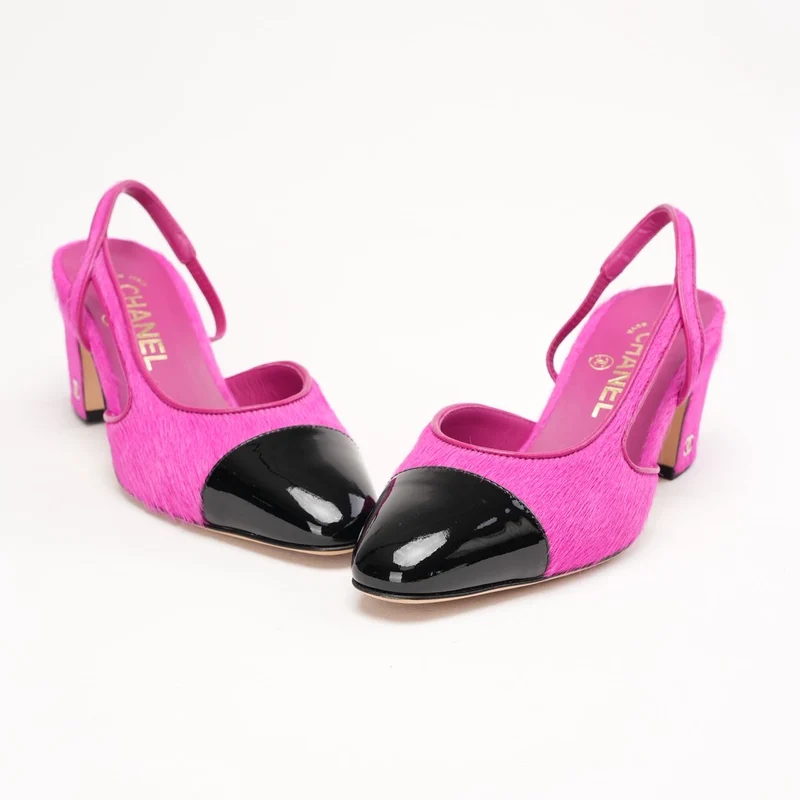 Chanel Slingbacks aus Ponyhaar, Fuchsia und Schwarz, Größe 37
