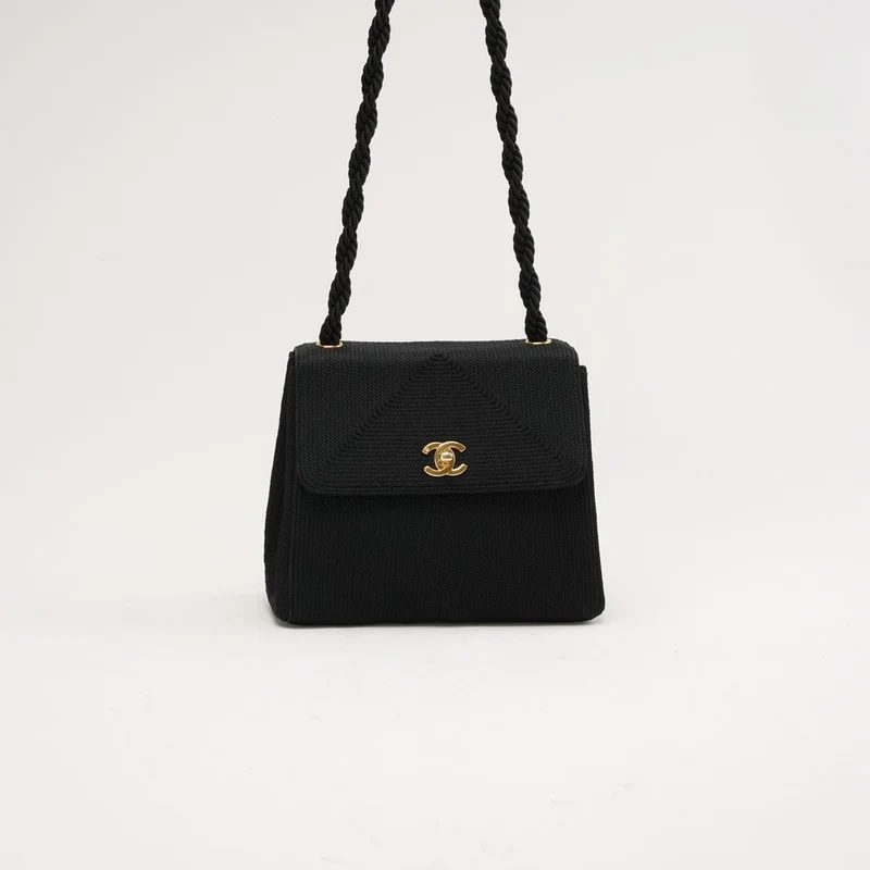 Chanel Vintage Mini Kelly Flap Bag aus Seidenseil, schwarz, 1997