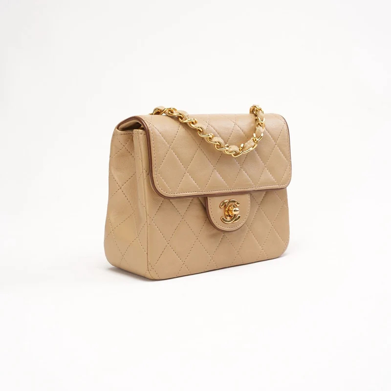 Chanel Vintage Beige Zweifarbige Mini Square Flap Bag aus Lammleder 1991