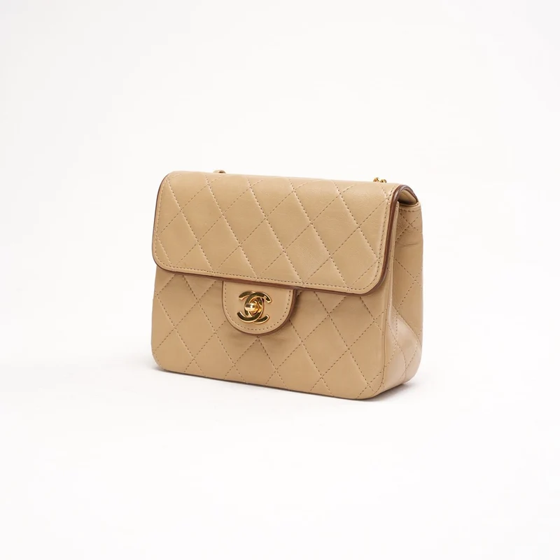 Chanel Vintage Beige Zweifarbige Mini Square Flap Bag aus Lammleder 1991