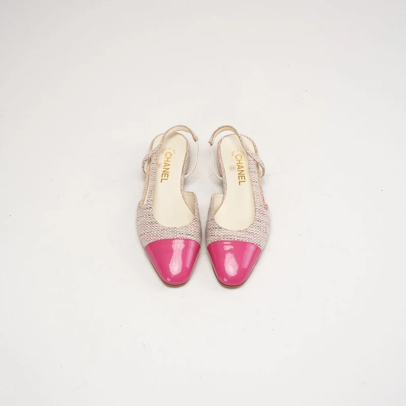Chanel Slingback-Ballerinas aus rosafarbenem Tweedleder mit CC-Logo, Größe 38 C
