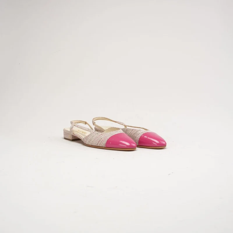Chanel Slingback-Ballerinas aus rosafarbenem Tweedleder mit CC-Logo, Größe 38 C