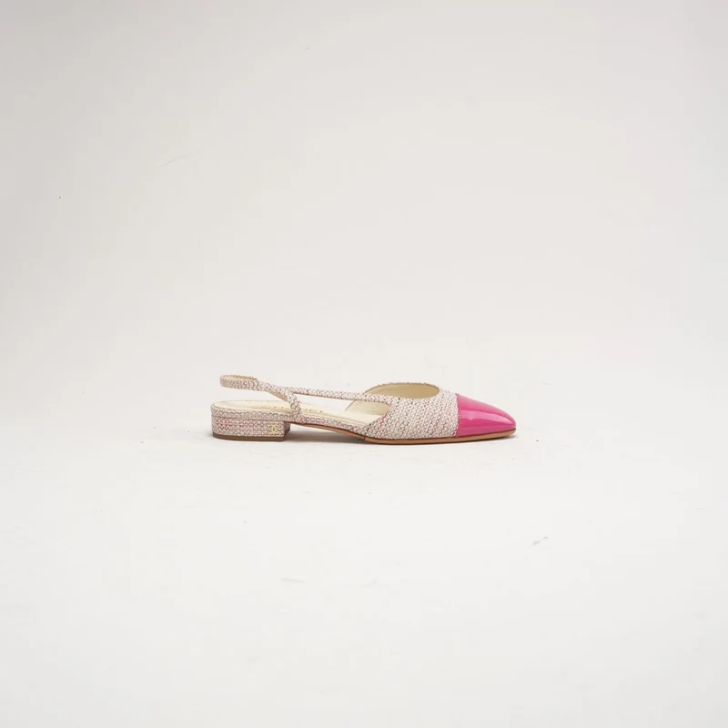 Chanel Slingback-Ballerinas aus rosafarbenem Tweedleder mit CC-Logo, Größe 38 C
