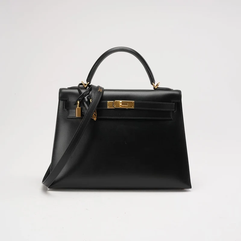 Hermes Schwarze Kelly 32 Sellier in Box Leder 2000