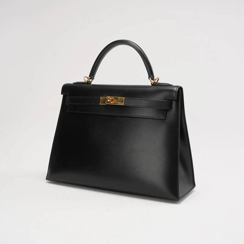 Hermes Schwarze Kelly 32 Sellier in Box Leder 2000