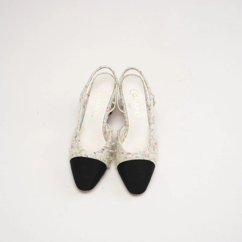 Chanel Tweed CC Logo Slingback Pumps 38 C Weiß / Schwarz