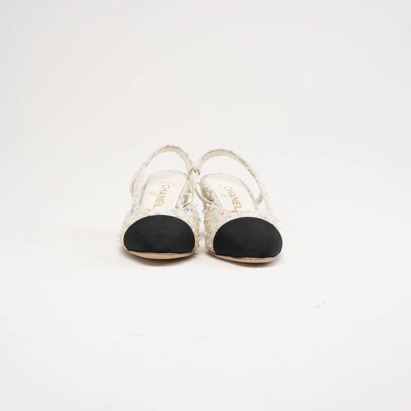 Chanel Tweed CC Logo Slingback Pumps 38 C Weiß / Schwarz