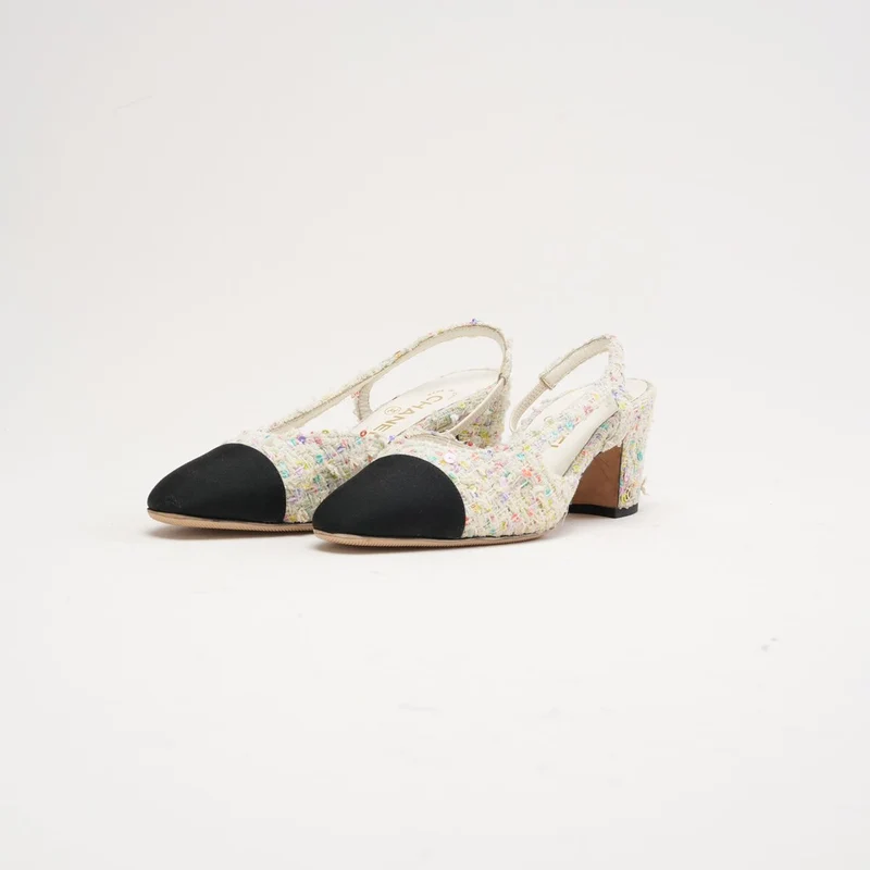 Chanel Tweed CC Logo Slingback Pumps 38 C Weiß / Schwarz