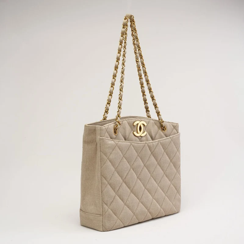 Chanel Vintage Leinen Coco Mark Ketten-Schultertasche Beige 1996