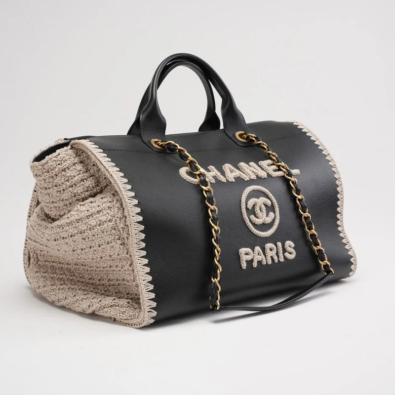 Chanel Deauville Shopping Tote, groß, Kalbsleder, Schwarz/Beige