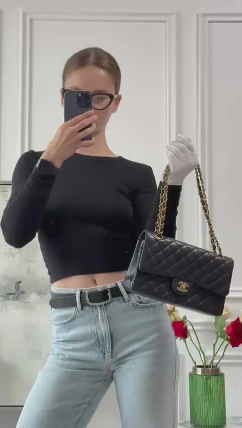 Chanel Classic Medium Double Flap Bag Schwarzes Lammleder 2012