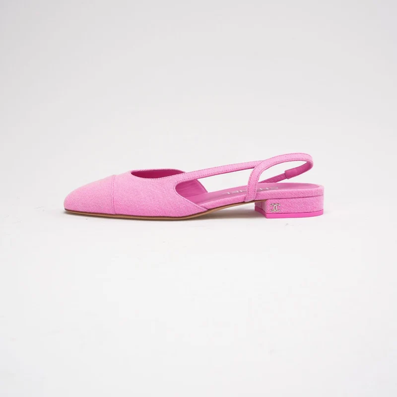 Chanel Neon Pink Denim Cap Toe CC Slingback Ballerina Größe 38