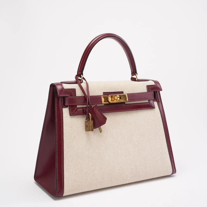 Hermes Vintage Kelly Sellier 28 Rouge Canvas Leder 1989