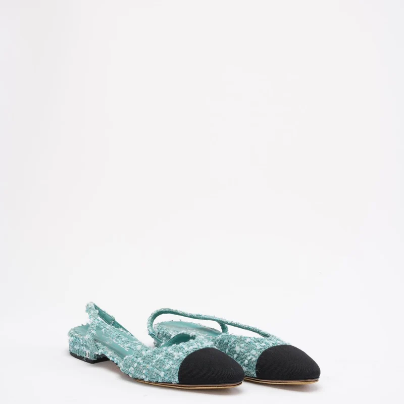 Chanel Slingback-Pumps mit Kappe, türkis/grün, aus Tweed, CC-Logo und Kappe, Größe 36.5C