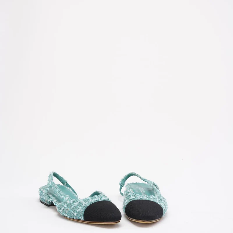 Chanel Slingback-Pumps mit Kappe, türkis/grün, aus Tweed, CC-Logo und Kappe, Größe 36.5C