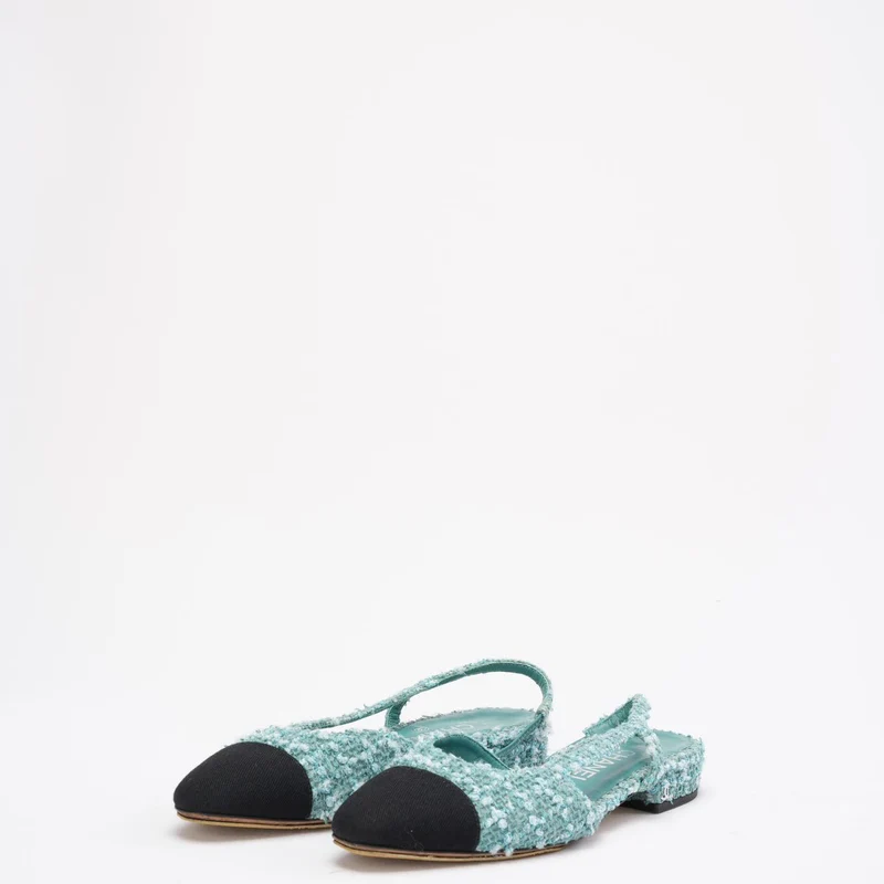 Chanel Slingback-Pumps mit Kappe, türkis/grün, aus Tweed, CC-Logo und Kappe, Größe 36.5C