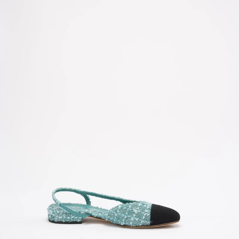 Chanel Slingback-Pumps mit Kappe, türkis/grün, aus Tweed, CC-Logo und Kappe, Größe 36.5C