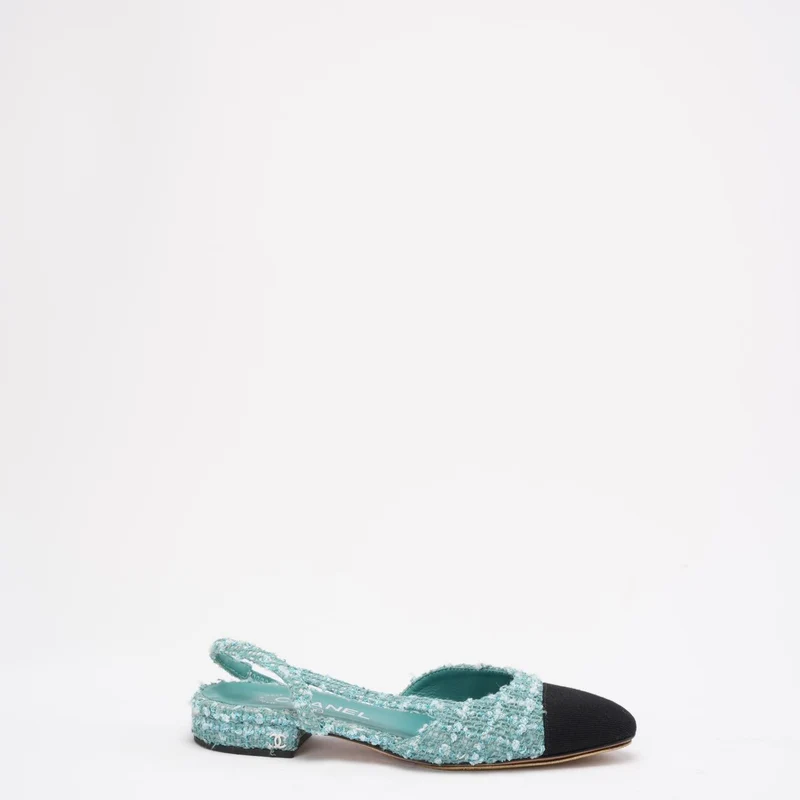 Chanel Slingback-Pumps mit Kappe, türkis/grün, aus Tweed, CC-Logo und Kappe, Größe 36.5C