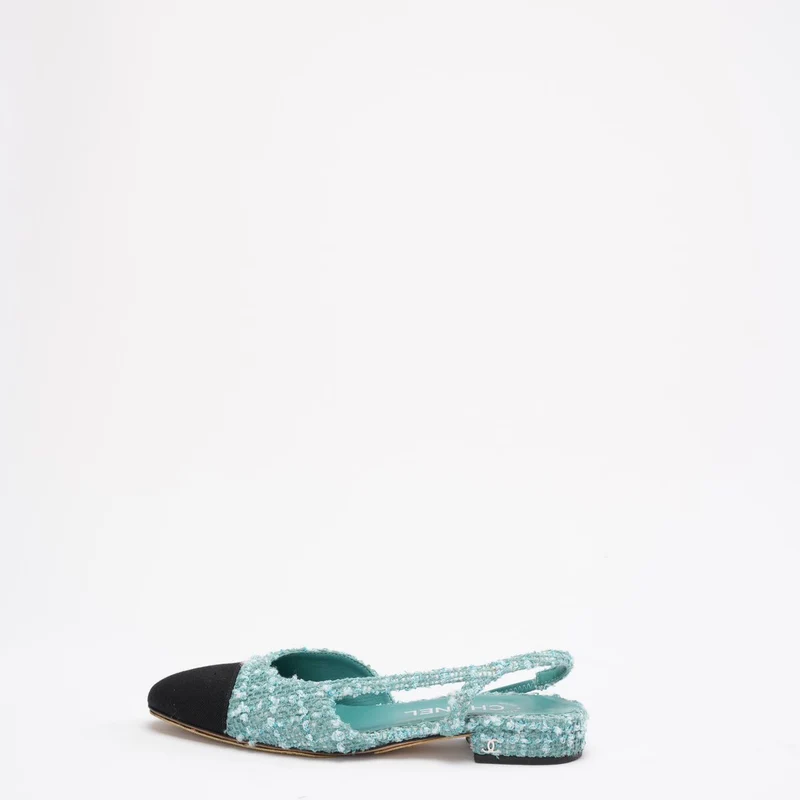 Chanel Slingback-Pumps mit Kappe, türkis/grün, aus Tweed, CC-Logo und Kappe, Größe 36.5C