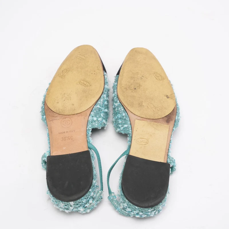Chanel Slingback-Pumps mit Kappe, türkis/grün, aus Tweed, CC-Logo und Kappe, Größe 36.5C
