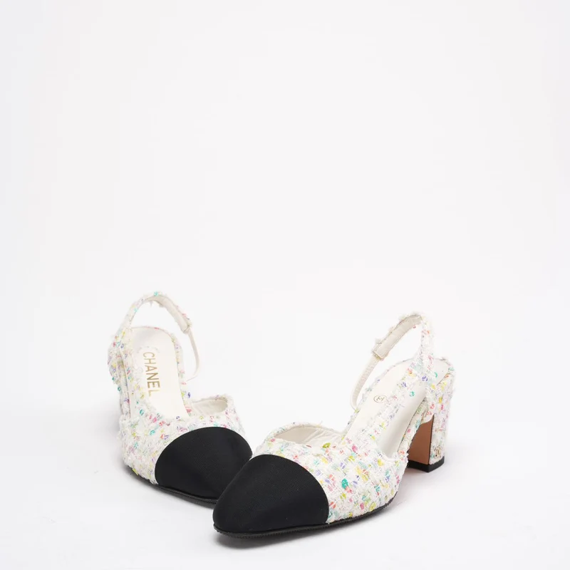 Chanel Slingback-Pumps aus mehrfarbigem Tweed mit CC-Logo, Größe 38 ½