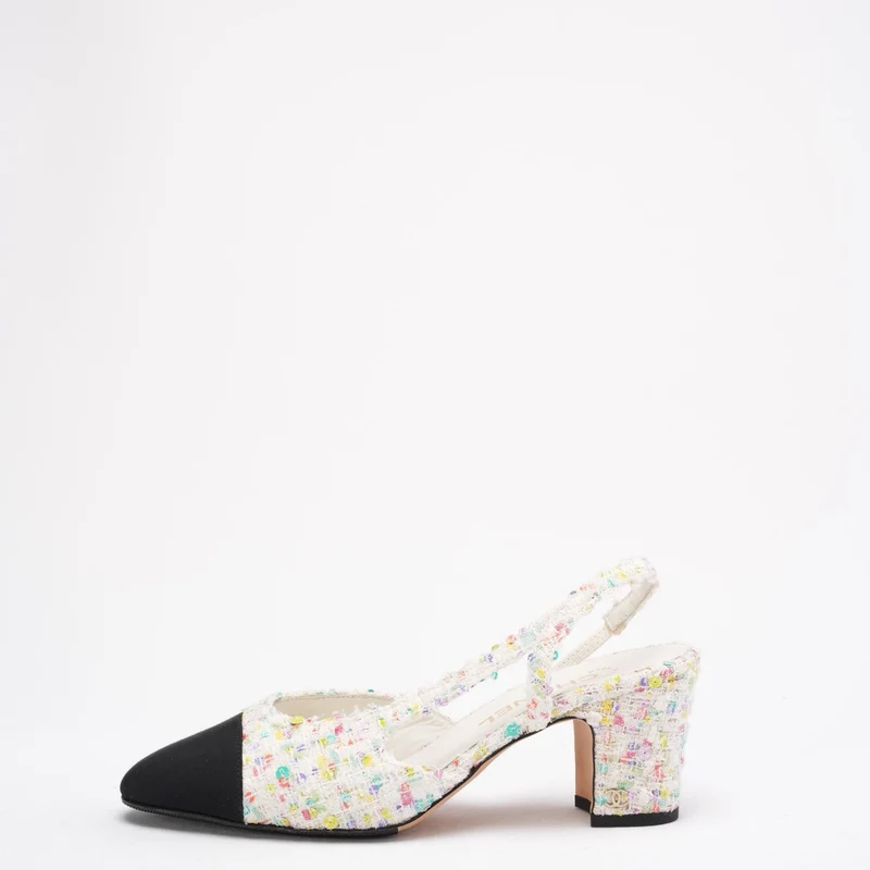Chanel Slingback-Pumps aus mehrfarbigem Tweed mit CC-Logo, Größe 38 ½