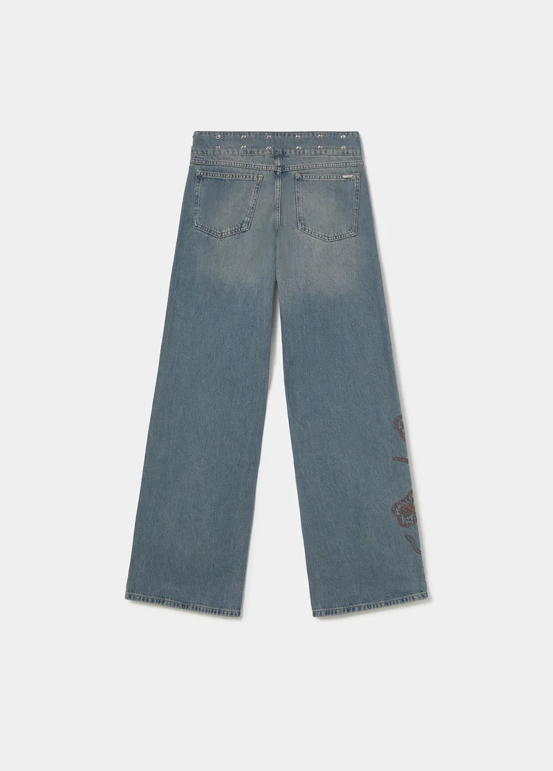 Studded embroidered waistband jeans