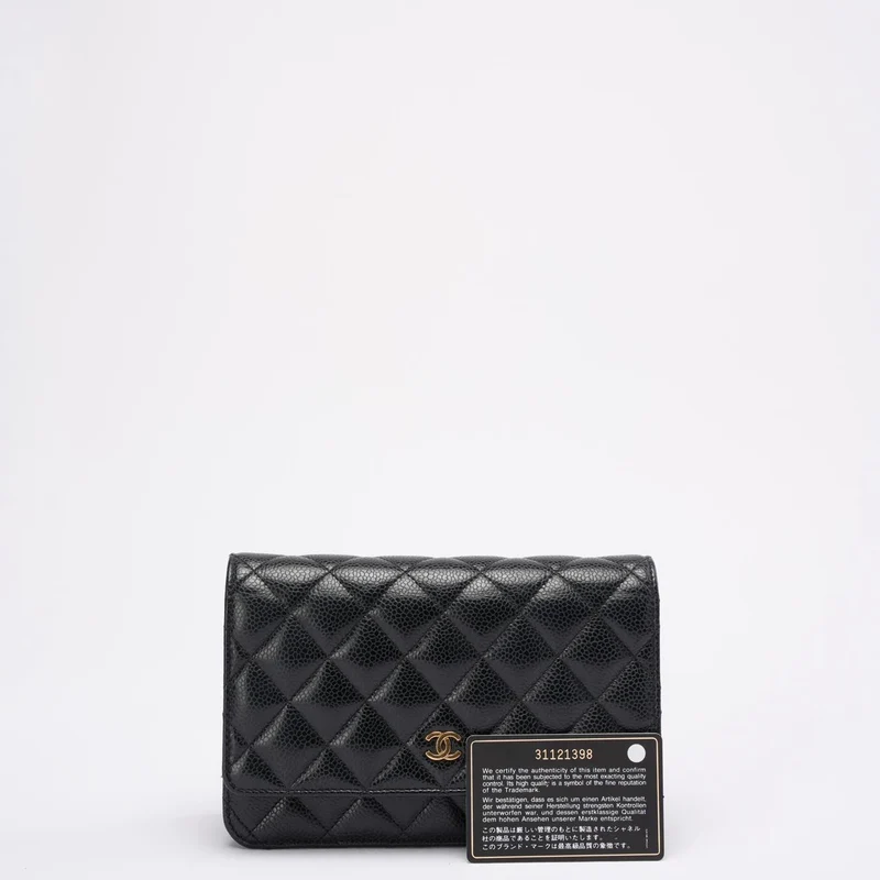Chanel Klassische Geldbörse mit Kette aus schwarzem, gestepptem Kaviarleder 2021
