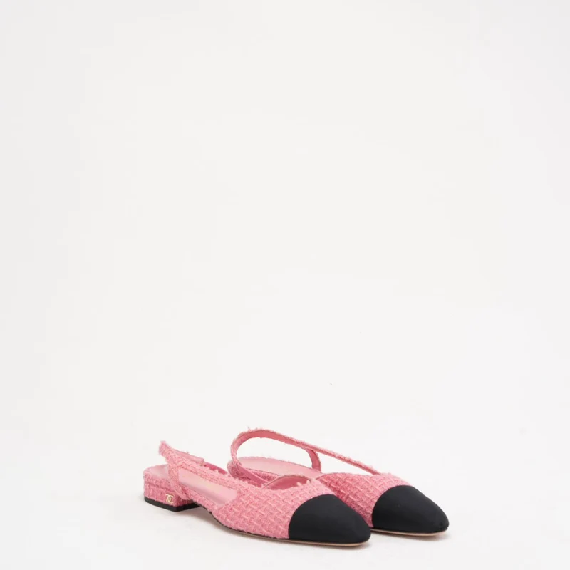 Chanel Slingback-Pumps aus rosa/schwarzem Tweed mit Kappe und CC-Logo, Größe 37