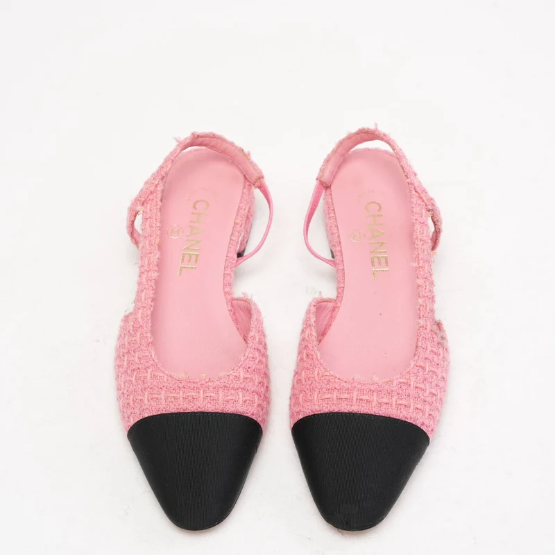 Chanel Slingback-Pumps aus rosa/schwarzem Tweed mit Kappe und CC-Logo, Größe 37