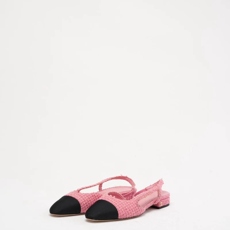 Chanel Slingback-Pumps aus rosa/schwarzem Tweed mit Kappe und CC-Logo, Größe 37