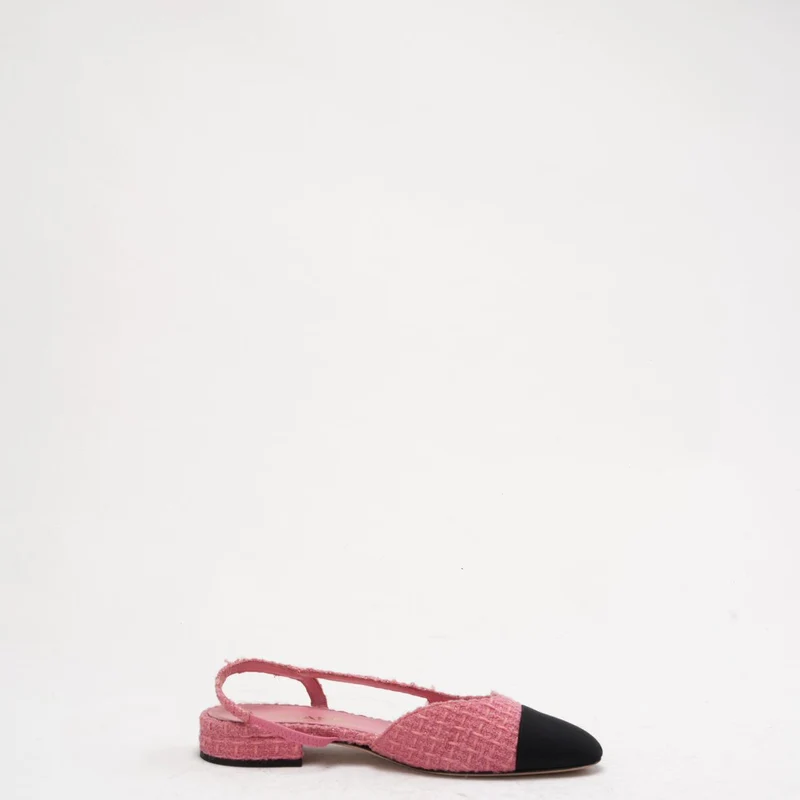 Chanel Slingback-Pumps aus rosa/schwarzem Tweed mit Kappe und CC-Logo, Größe 37