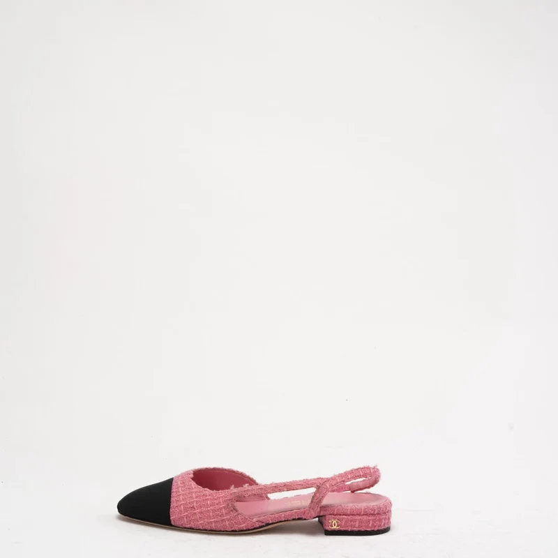 Chanel Slingback-Pumps aus rosa/schwarzem Tweed mit Kappe und CC-Logo, Größe 37