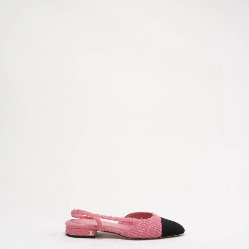 Chanel Slingback-Pumps aus rosa/schwarzem Tweed mit Kappe und CC-Logo, Größe 37