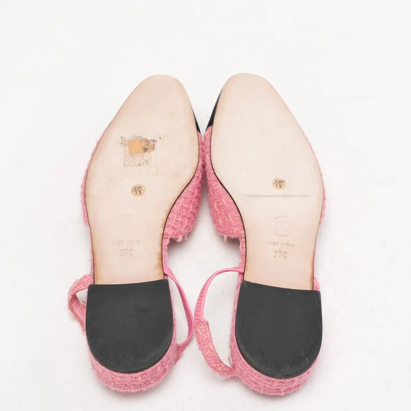 Chanel Slingback-Pumps aus rosa/schwarzem Tweed mit Kappe und CC-Logo, Größe 37